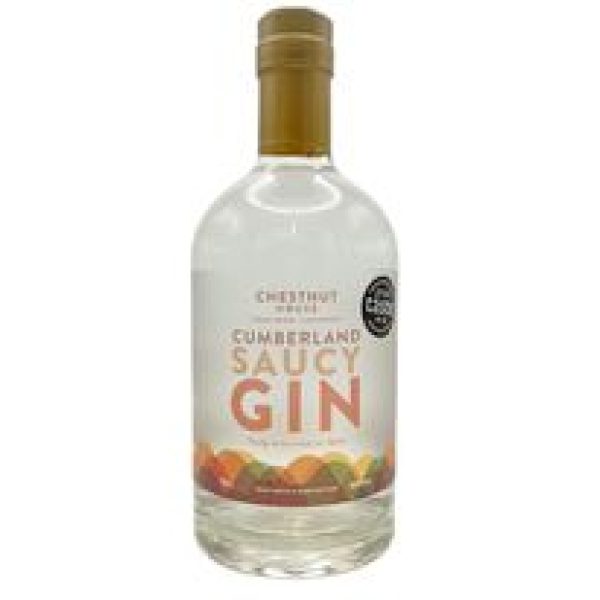 A clear glass bottle of Chestnut House Cumberland Saucy Gin featuring an orange lid and a great taste award sticker.