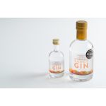 Two clear glass bottles of Chestnut House Cumberland Saucy Gin, one miniature and the other large, both featuring an orange lid.