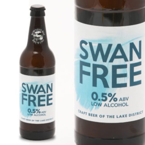 A dark glass bottle of Bowness Bay Swan Free Beer with a blue label