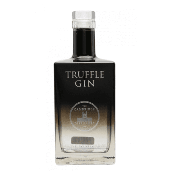 A dark glass bottle of Truffle Gin featuring The Cambridge Distillery label and clear lid