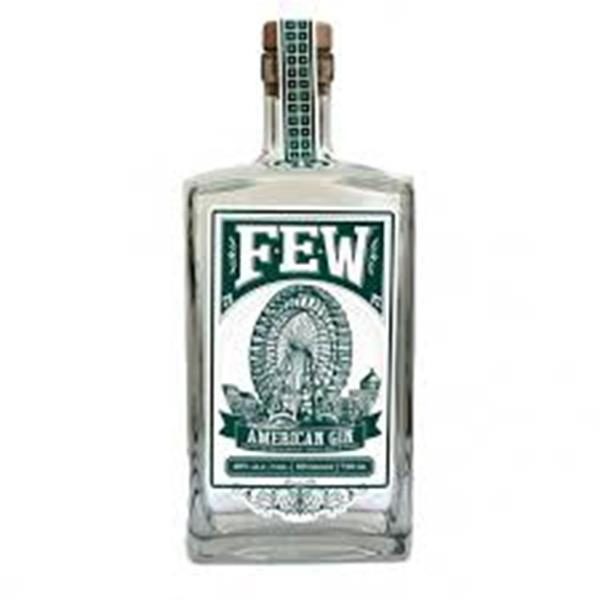 A square clear glass bottle of Few American Gin featuring a green and white label showing a ferris wheel