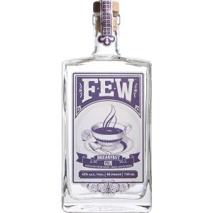 A square clear glass bottle of Few Breakfast Gin featuring a purple and white label showing a tea cup and saucer