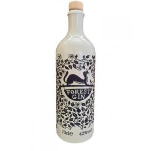 A white porcelain bottle of Forest Gin featuring a screen printed design by Suzy Taylor of a weasel amongst flowers