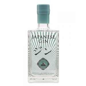 A square clear glass bottle of Japanese Gin featuring a white and green striped label and green lid