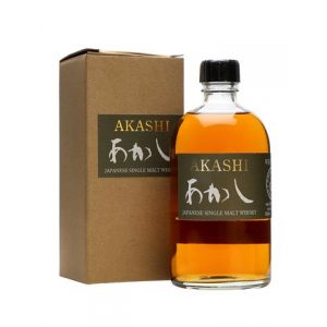 A clear rounded glass bottle of Akashi single malt whisky. Next to the bottle is a cardboard presentation box with a dark green label.