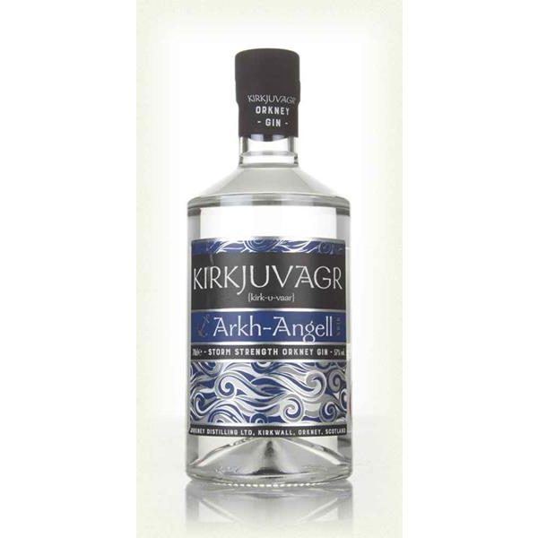 A clear glass bottle of Kirkjuvagr Orkney Storm Strength Gin featuring a blue, silver and black label and black lid