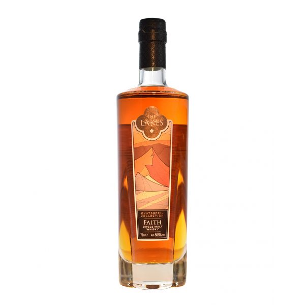 A clear glass bottle of The Lakes Faith Whiskymaker's Edition Single Malt Whisky