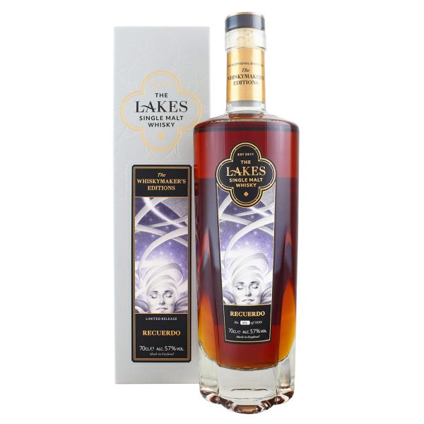 A clear glass bottle of The Lakes Le Recuerdo Whiskymaker's Edition Single Malt Whisky and white presentation box with painted detail