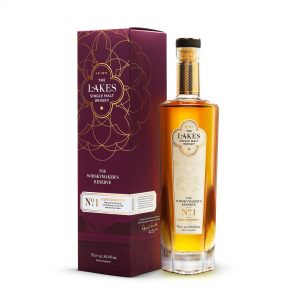 A clear glass bottle of The Lakes Whisky Makers Reserve No.1 Single Malt Whisky and purple presentation box with gold detail