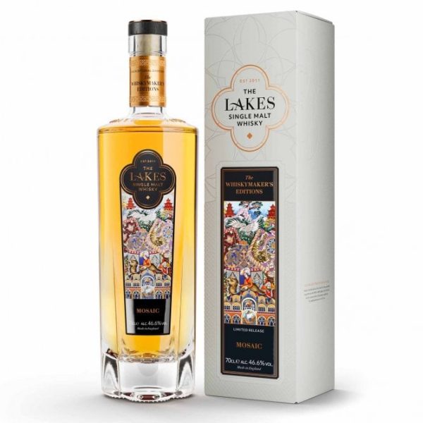 A clear glass bottle of The Lakes Mosaic Whiskymaker's Edition Whisky and ivory presentation box featuring a colourful scene