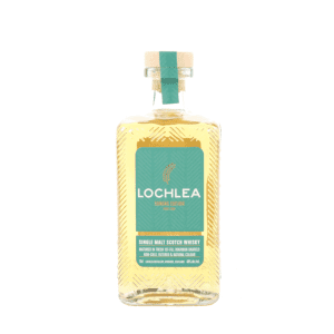 A clear square ridged glass bottle of Lochlea Sowing Edition single malt whisky and turquoise presentation box