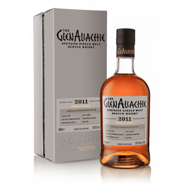 A clear glass rounded bottle of Whisky GlenAllachie Cru Classe featuring a white label and white presentation box