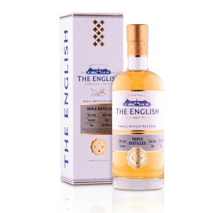 A clear glass rounded bottle of The English Whisky company triple distilled whisky, with a gold lid and accompanying white presentation box.