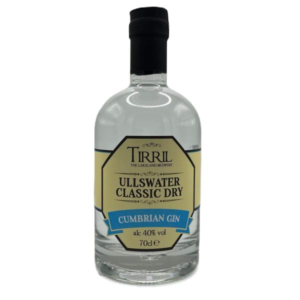 A clear glass bottle of Tirril Ullswater Classic Dry Gin. The bottle features a yellow and blue label and black lid.